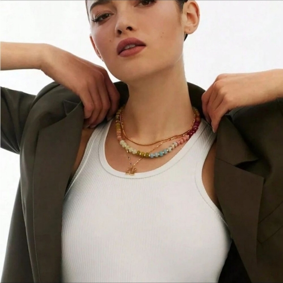 NEW! Anthropologie Rainbow Multicolor Beaded Stones Gold Plated Necklace - Picture 4 of 7
